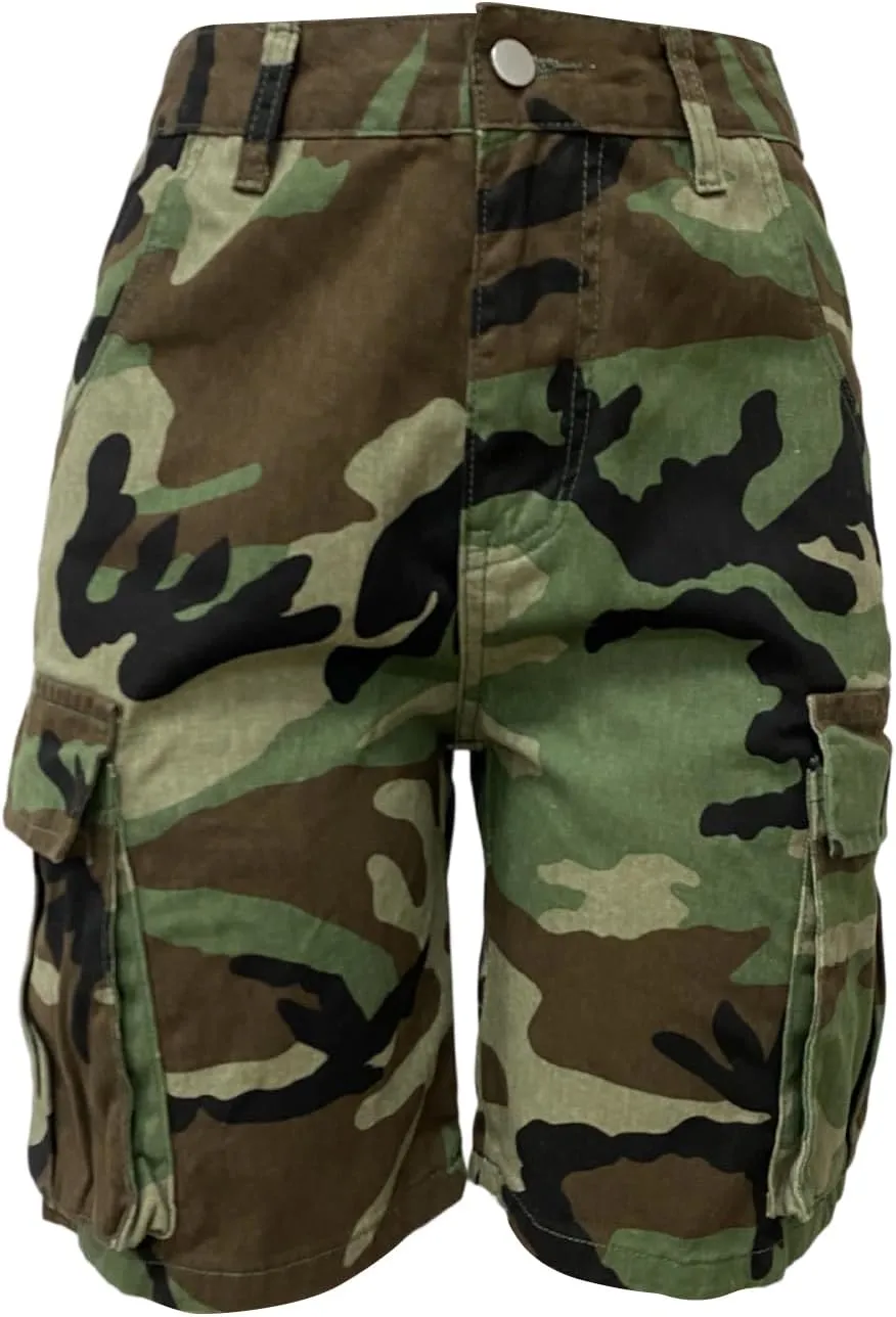 Voghtic Women’s Camouflage Cargo Shorts Casual High Waisted Ripped Frayed Stretchy Jeans Shorts with Pockets