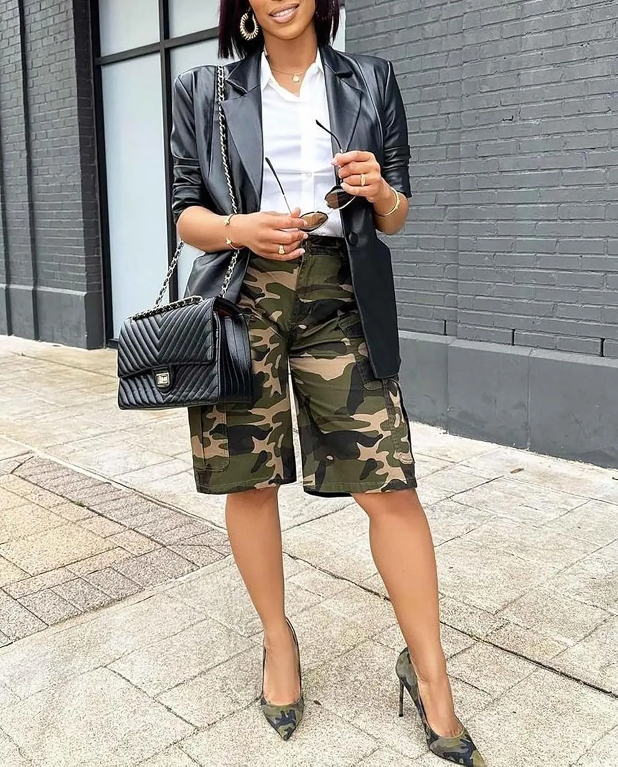 Voghtic Women’s Camouflage Cargo Shorts Casual High Waisted Ripped Frayed Stretchy Jeans Shorts with Pockets