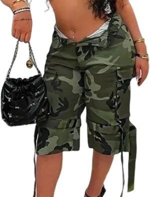 Voghtic Women’s Camouflage Cargo Shorts Casual High Waisted Ripped Frayed Stretchy Jeans Shorts with Pockets