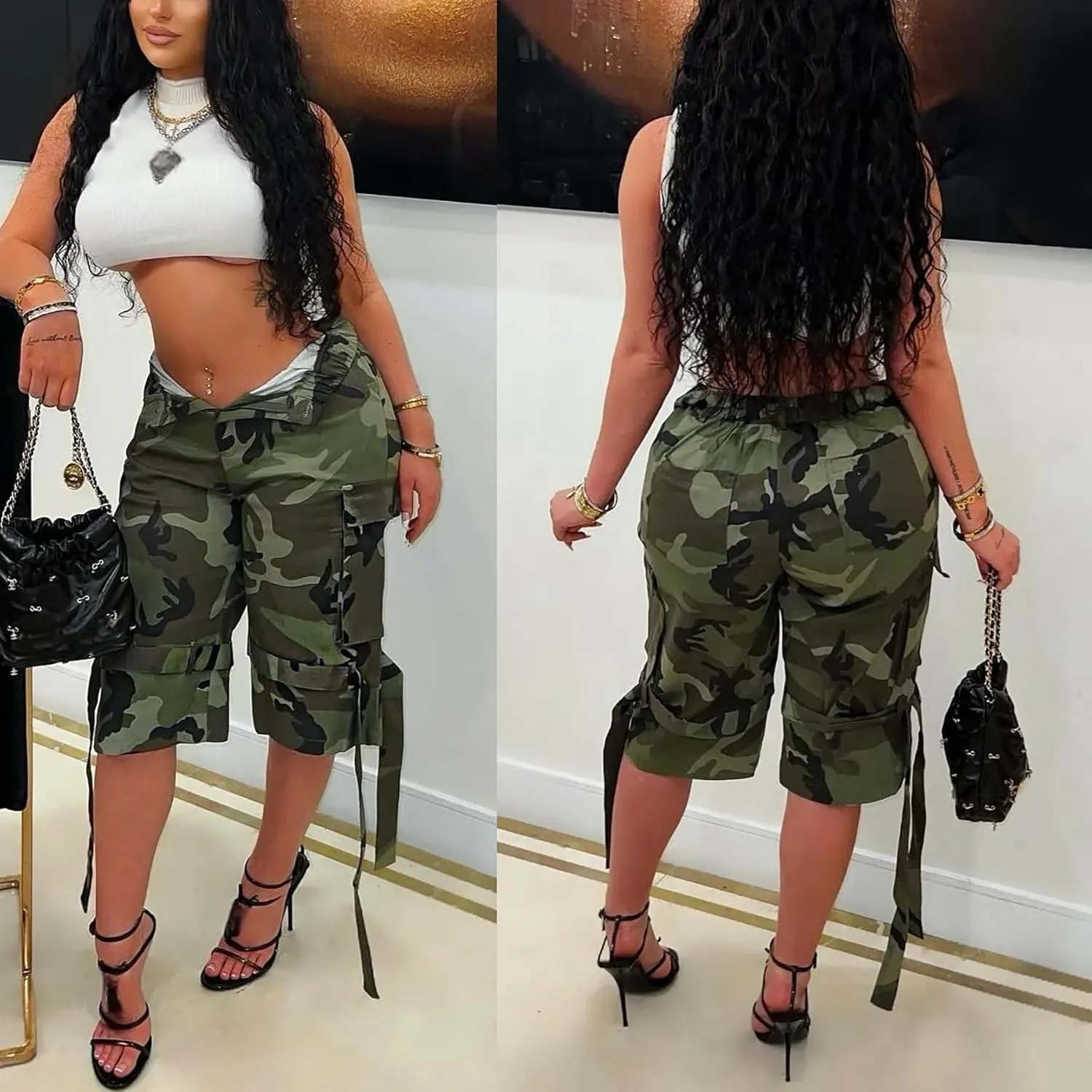 Voghtic Women’s Camouflage Cargo Shorts Casual High Waisted Ripped Frayed Stretchy Jeans Shorts with Pockets
