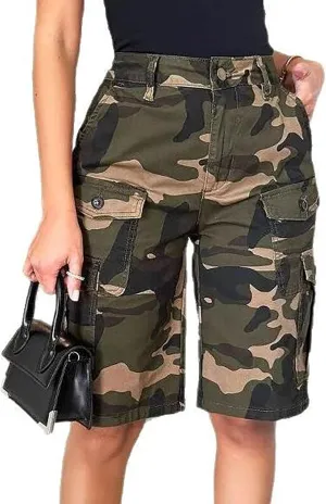 Voghtic Women’s Camouflage Cargo Shorts Casual High Waisted Ripped Frayed Stretchy Jeans Shorts with Pockets