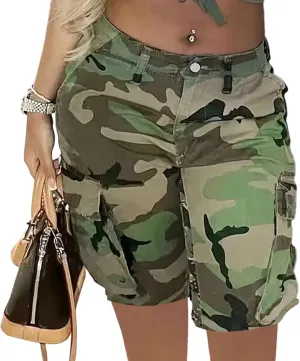 Voghtic Women’s Camouflage Cargo Shorts Casual High Waisted Ripped Frayed Stretchy Jeans Shorts with Pockets