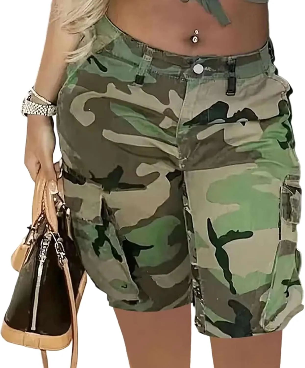 Voghtic Women’s Camouflage Cargo Shorts Casual High Waisted Ripped Frayed Stretchy Jeans Shorts with Pockets