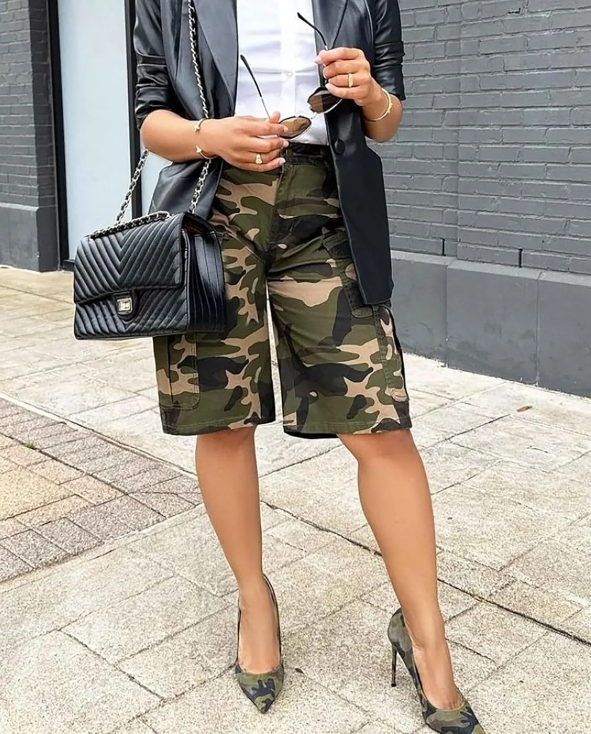 Voghtic Women’s Camouflage Cargo Shorts Casual High Waisted Ripped Frayed Stretchy Jeans Shorts with Pockets