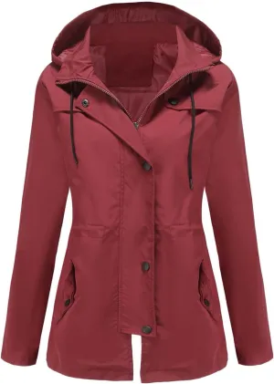 Waterproof Trench Coats Women Short Drawtring Lightweight Rain Jacket Pockets Hooded Windbreaker Rain Coat Outdoor