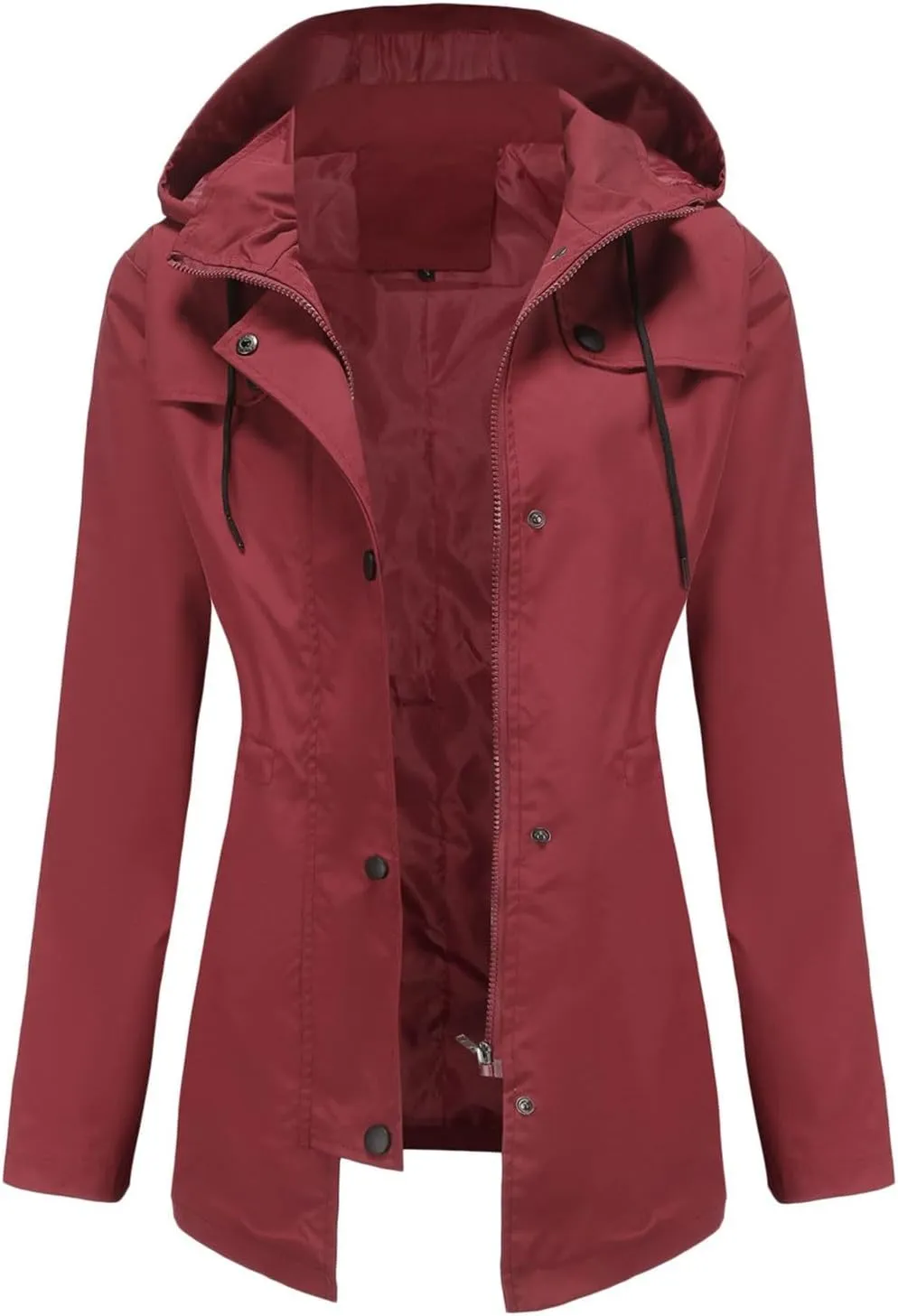 Waterproof Trench Coats Women Short Drawtring Lightweight Rain Jacket Pockets Hooded Windbreaker Rain Coat Outdoor