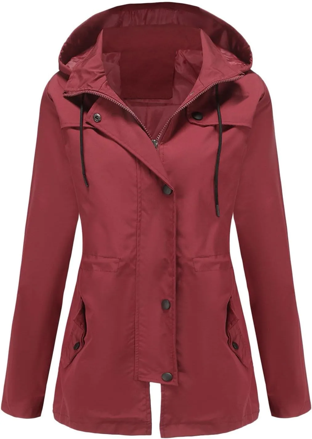 Waterproof Trench Coats Women Short Drawtring Lightweight Rain Jacket Pockets Hooded Windbreaker Rain Coat Outdoor