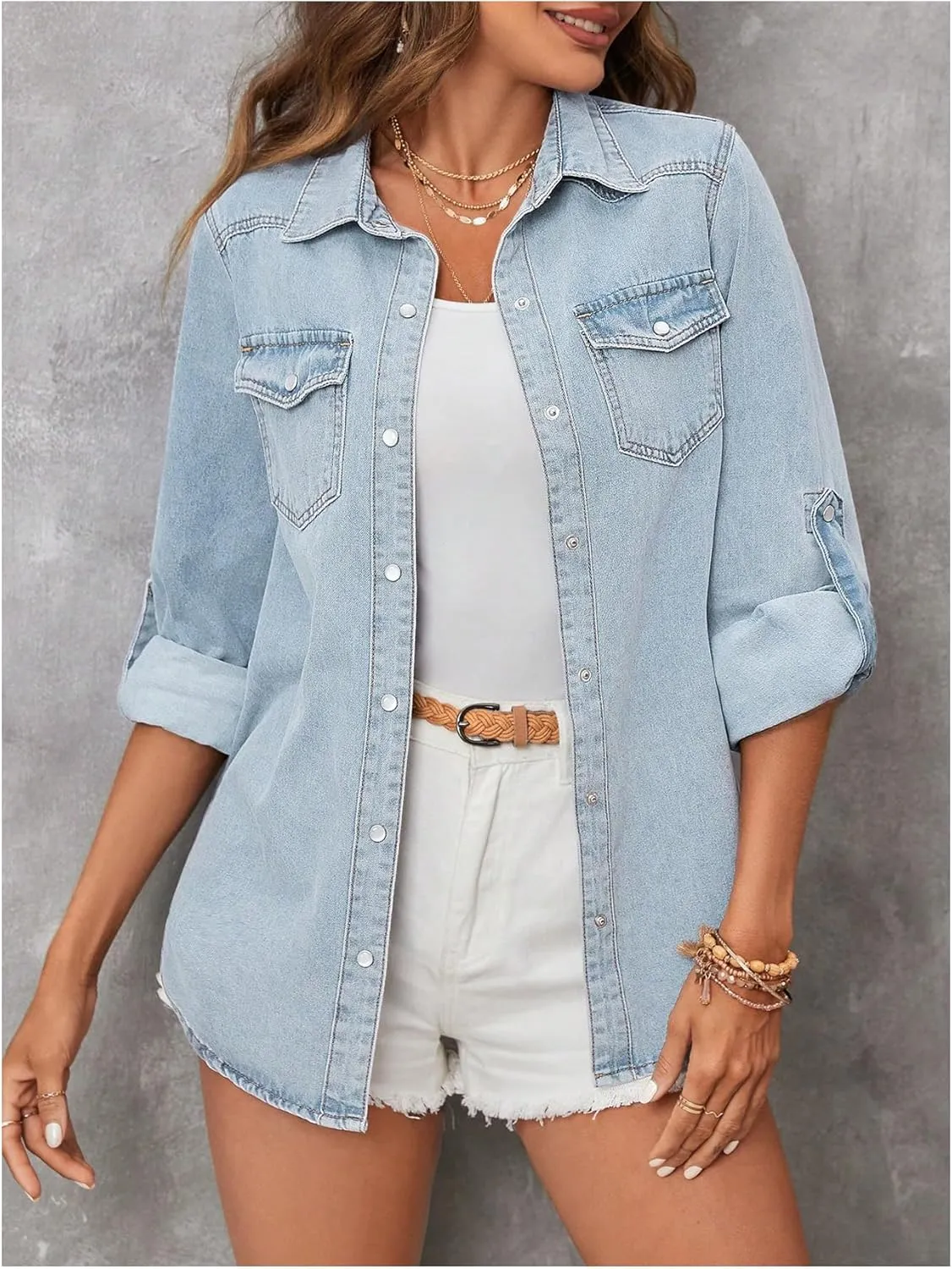 WDIRARA Women's Button Down Denim Jacket Roll Up Long Sleeve Collared Jean Shacket