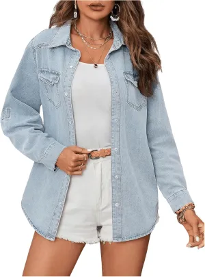 WDIRARA Women's Button Down Denim Jacket Roll Up Long Sleeve Collared Jean Shacket