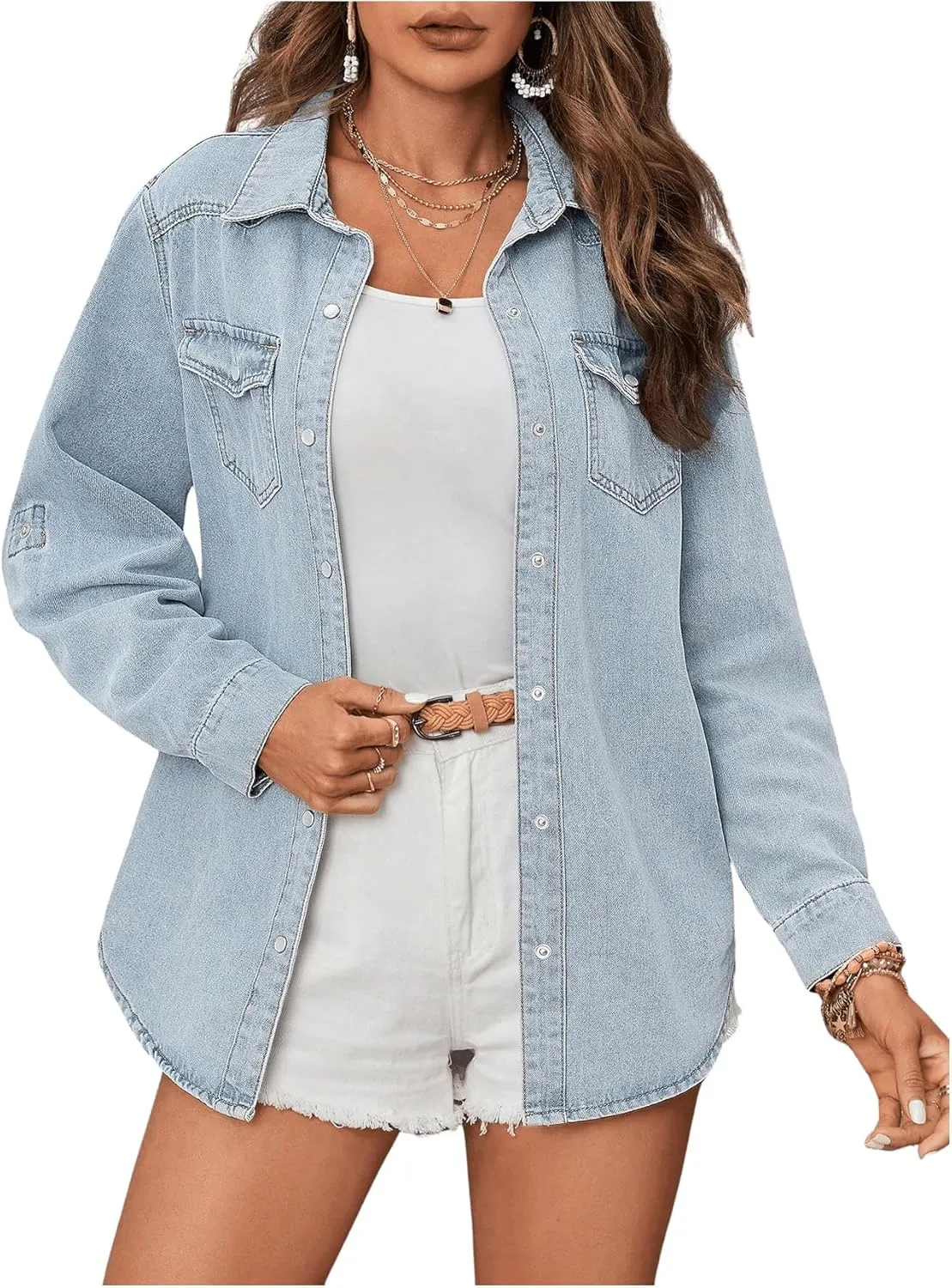 WDIRARA Women's Button Down Denim Jacket Roll Up Long Sleeve Collared Jean Shacket