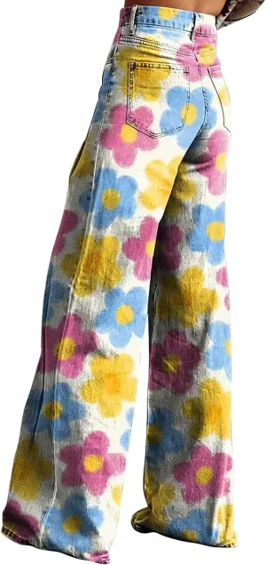 Wide Leg Flare Jeans for Women with Pocket Baggy Pants Vintage Floral Print Jeans for Women High Waisted Loose Pant