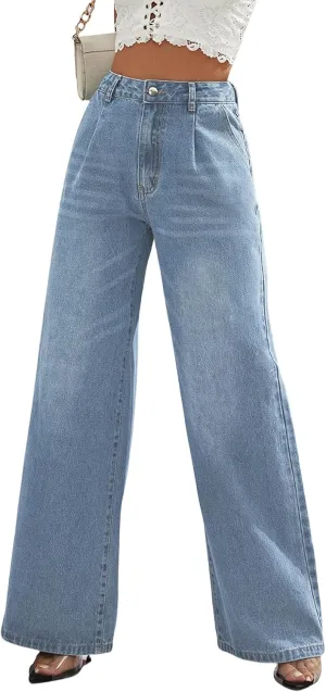Wide Leg Jeans for Women 2024 Trendy High Waisted Elastic Straight Leg Jeans Buttoned Loose Denim Pants with Pocket