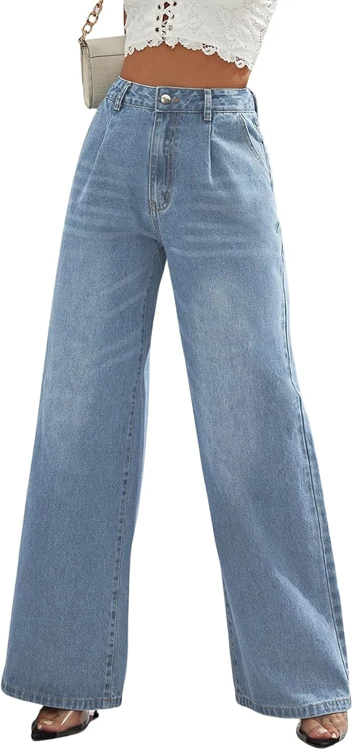 Wide Leg Jeans for Women 2024 Trendy High Waisted Elastic Straight Leg Jeans Buttoned Loose Denim Pants with Pocket