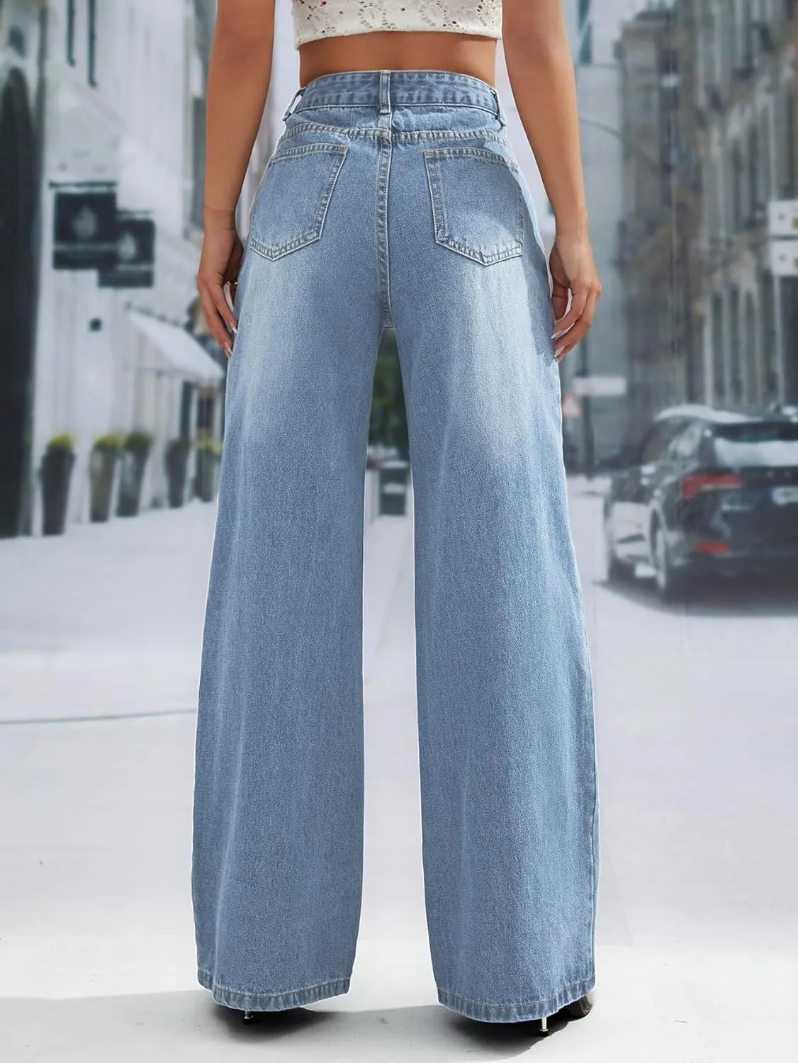Wide Leg Jeans for Women 2024 Trendy High Waisted Elastic Straight Leg Jeans Buttoned Loose Denim Pants with Pocket