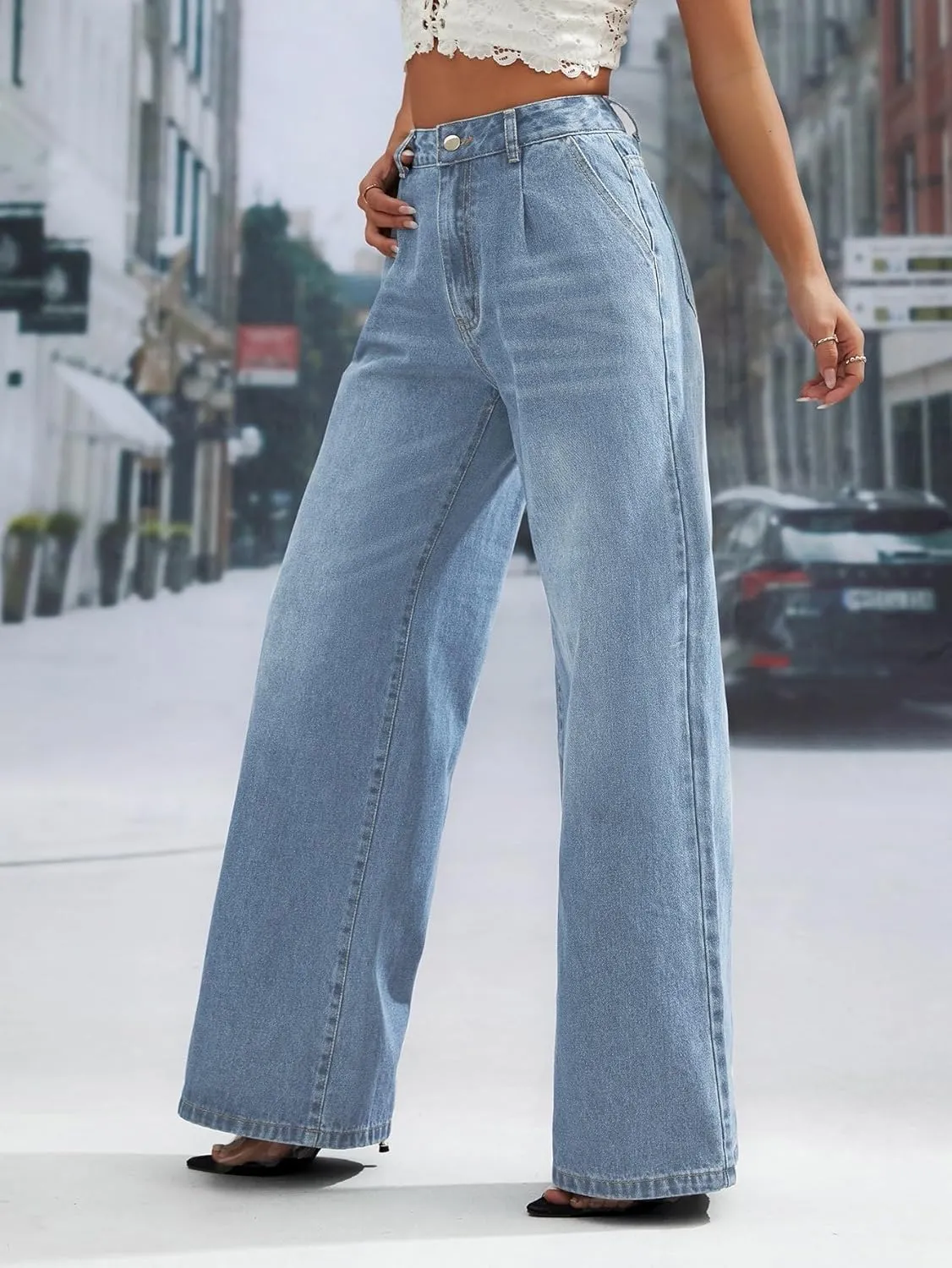 Wide Leg Jeans for Women 2024 Trendy High Waisted Elastic Straight Leg Jeans Buttoned Loose Denim Pants with Pocket