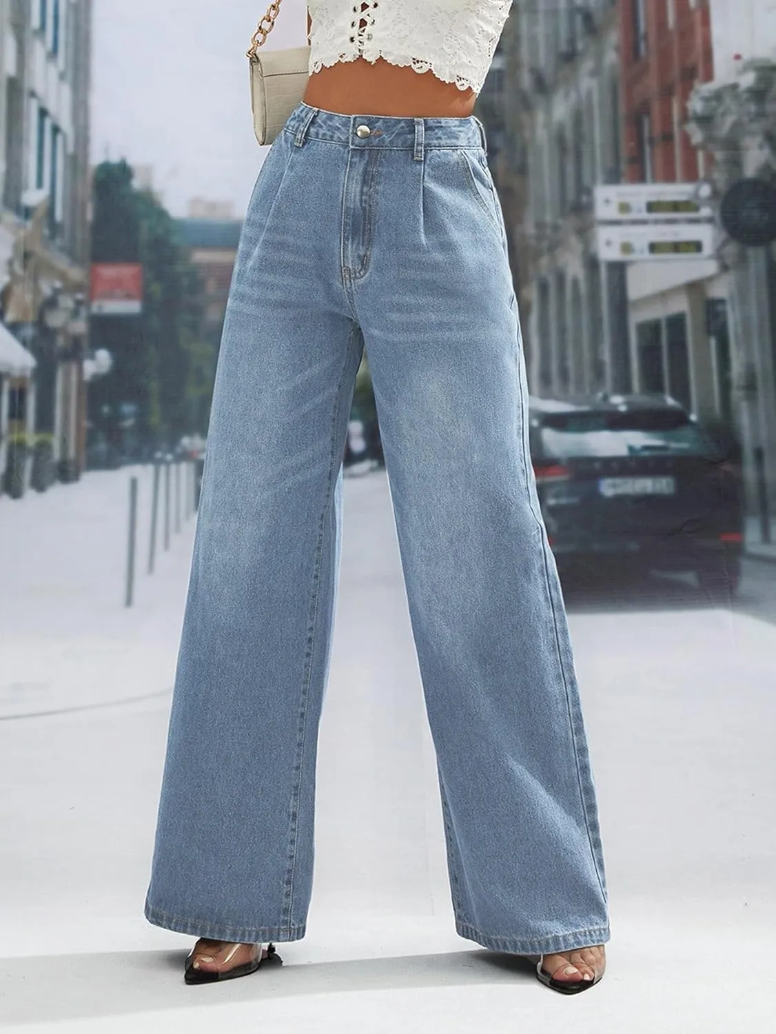 Wide Leg Jeans for Women 2024 Trendy High Waisted Elastic Straight Leg Jeans Buttoned Loose Denim Pants with Pocket