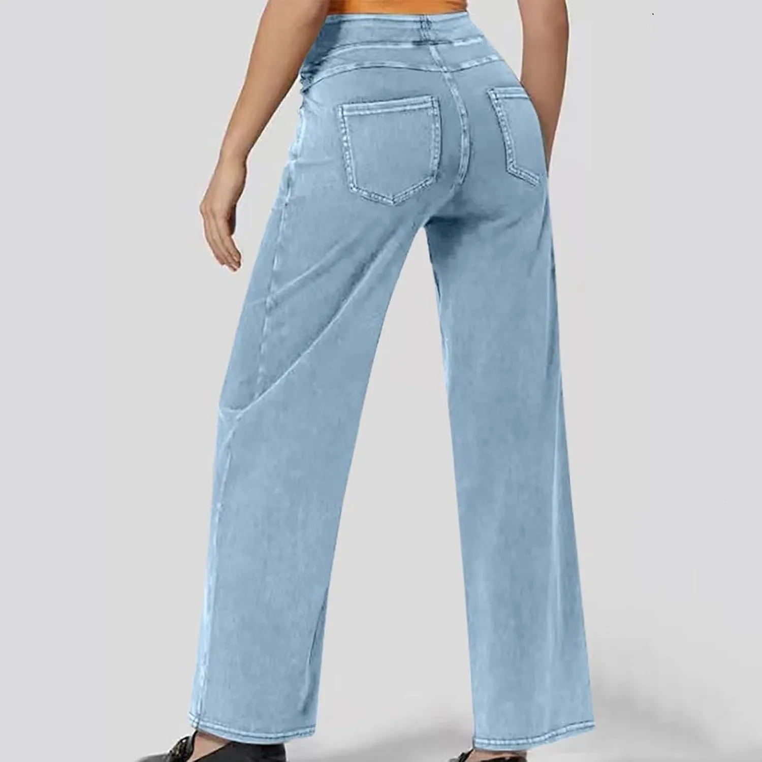 Wide Leg Jeans for Women Pull On High Waisted Tummy Control Pants Trendy Straight Leg Stretchy Baggy Jeans Denim Pant