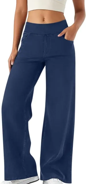 Wide Leg Jeans for Women Pull On High Waisted Tummy Control Pants Trendy Straight Leg Stretchy Baggy Jeans Denim Pant