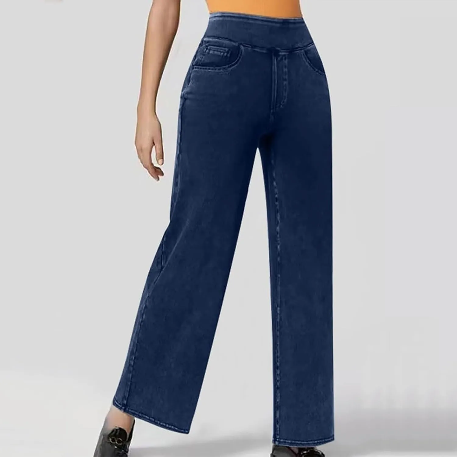 Wide Leg Jeans for Women Pull On High Waisted Tummy Control Pants Trendy Straight Leg Stretchy Baggy Jeans Denim Pant