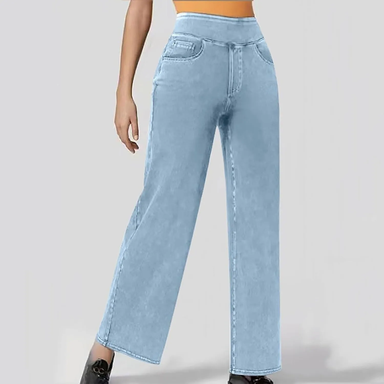 Wide Leg Jeans for Women Pull On High Waisted Tummy Control Pants Trendy Straight Leg Stretchy Baggy Jeans Denim Pant