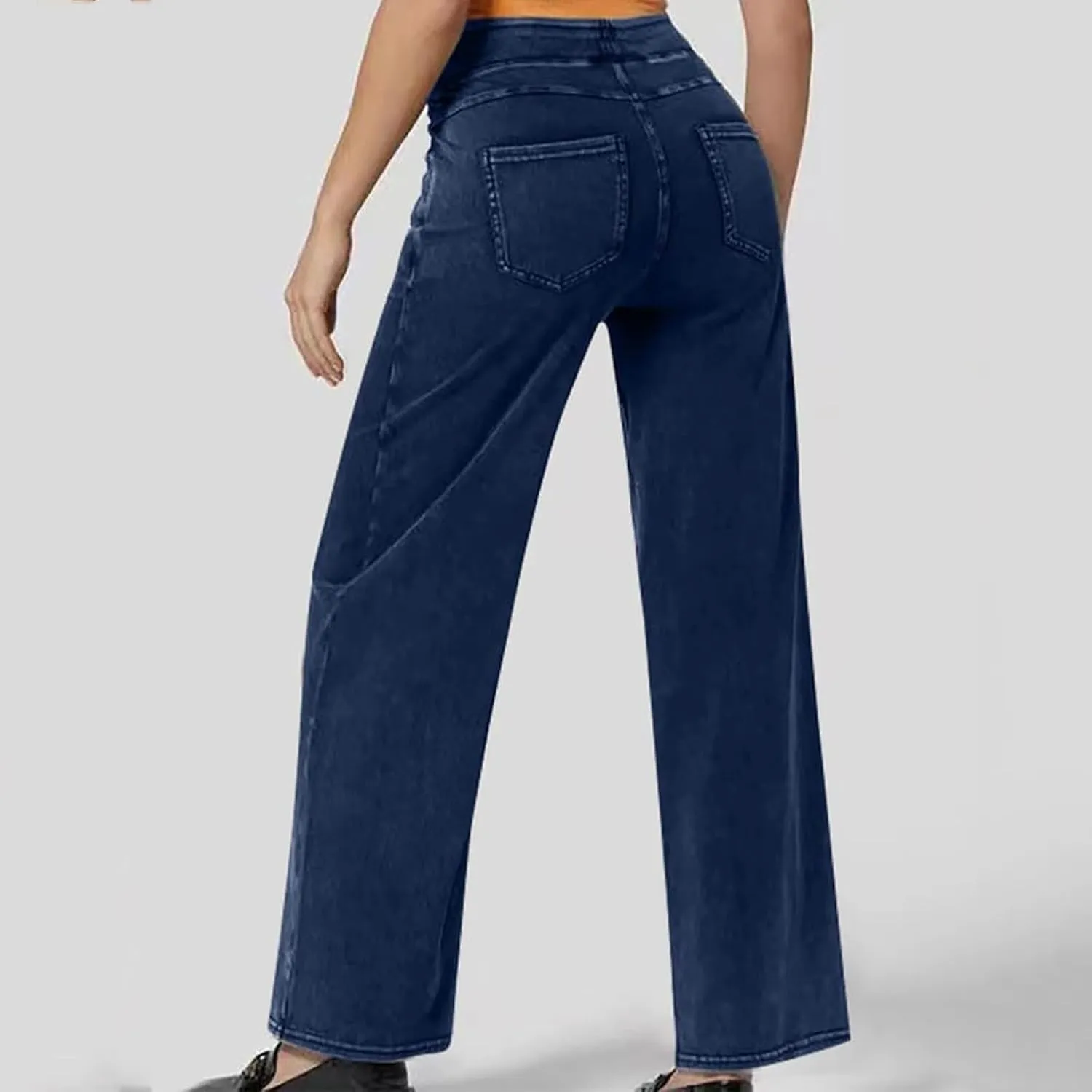 Wide Leg Jeans for Women Pull On High Waisted Tummy Control Pants Trendy Straight Leg Stretchy Baggy Jeans Denim Pant