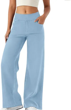 Wide Leg Jeans for Women Pull On High Waisted Tummy Control Pants Trendy Straight Leg Stretchy Baggy Jeans Denim Pant
