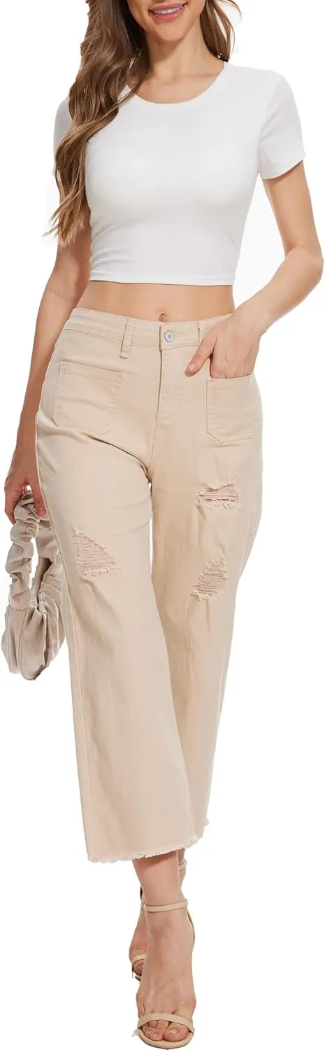 Wide Leg Jeans for Women Trendy High Waisted Flare Jeans Cropped Pants Stretchy Baggy