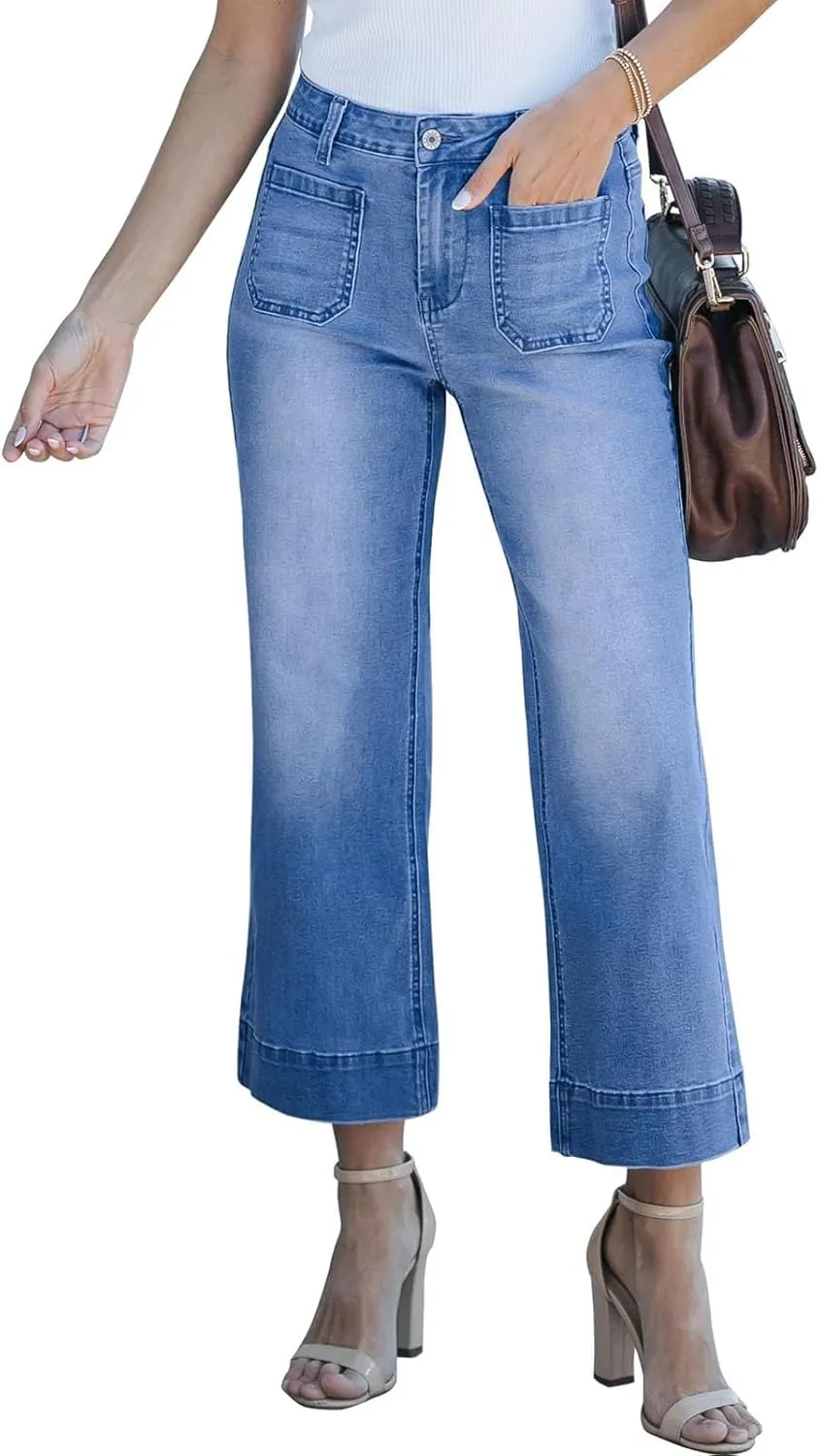 Wide Leg Jeans Woman Cropped Flare Trousers High Waisted Denim Pants Stretchy Baggy Jeans with Patch Pockets for Women