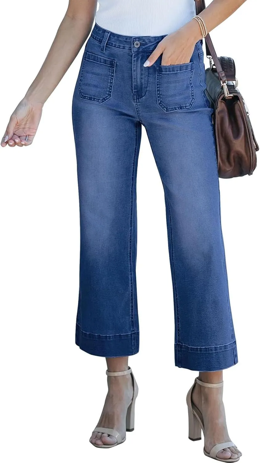 Wide Leg Jeans Woman Cropped Flare Trousers High Waisted Denim Pants Stretchy Baggy Jeans with Patch Pockets for Women