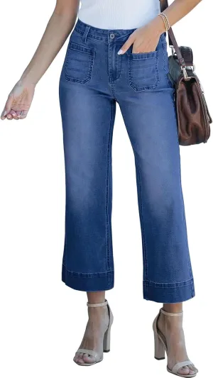 Wide Leg Jeans Woman Cropped Flare Trousers High Waisted Denim Pants Stretchy Baggy Jeans with Patch Pockets for Women