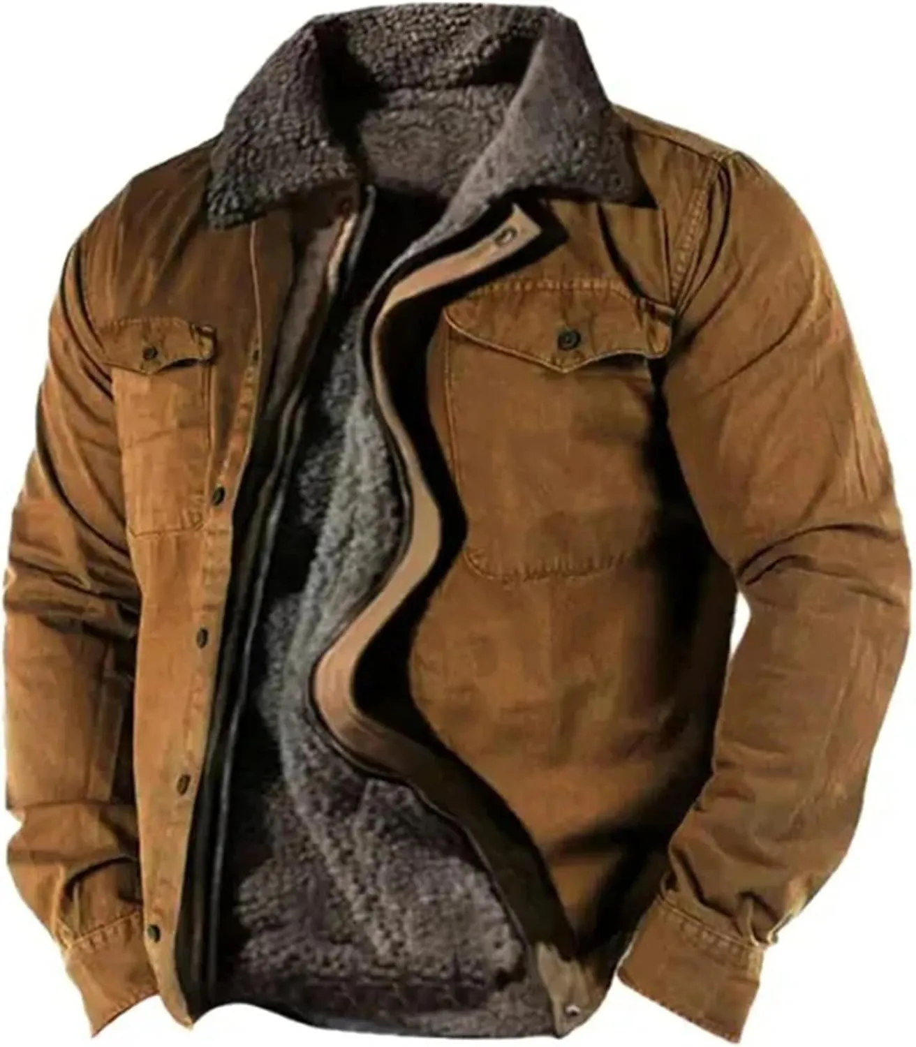 Winter Cargo Jacket Zip Front Fleece Lined Military Jacket Warm Sherpa Lined Coat Lapel Trucker Work Coat Outwear