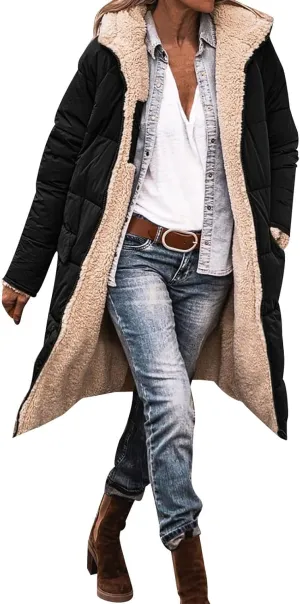 Winter Coats for Women Warm Faux Fur Lined Thicken Jacket Quilted Long Puffer Coat Hood Down Outerwear with Pockets