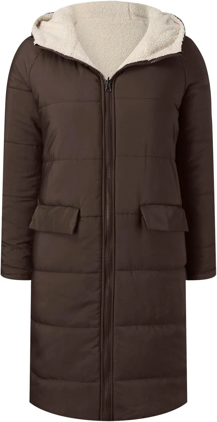 Winter Coats for Women Warm Faux Fur Lined Thicken Jacket Quilted Long Puffer Coat Hood Down Outerwear with Pockets