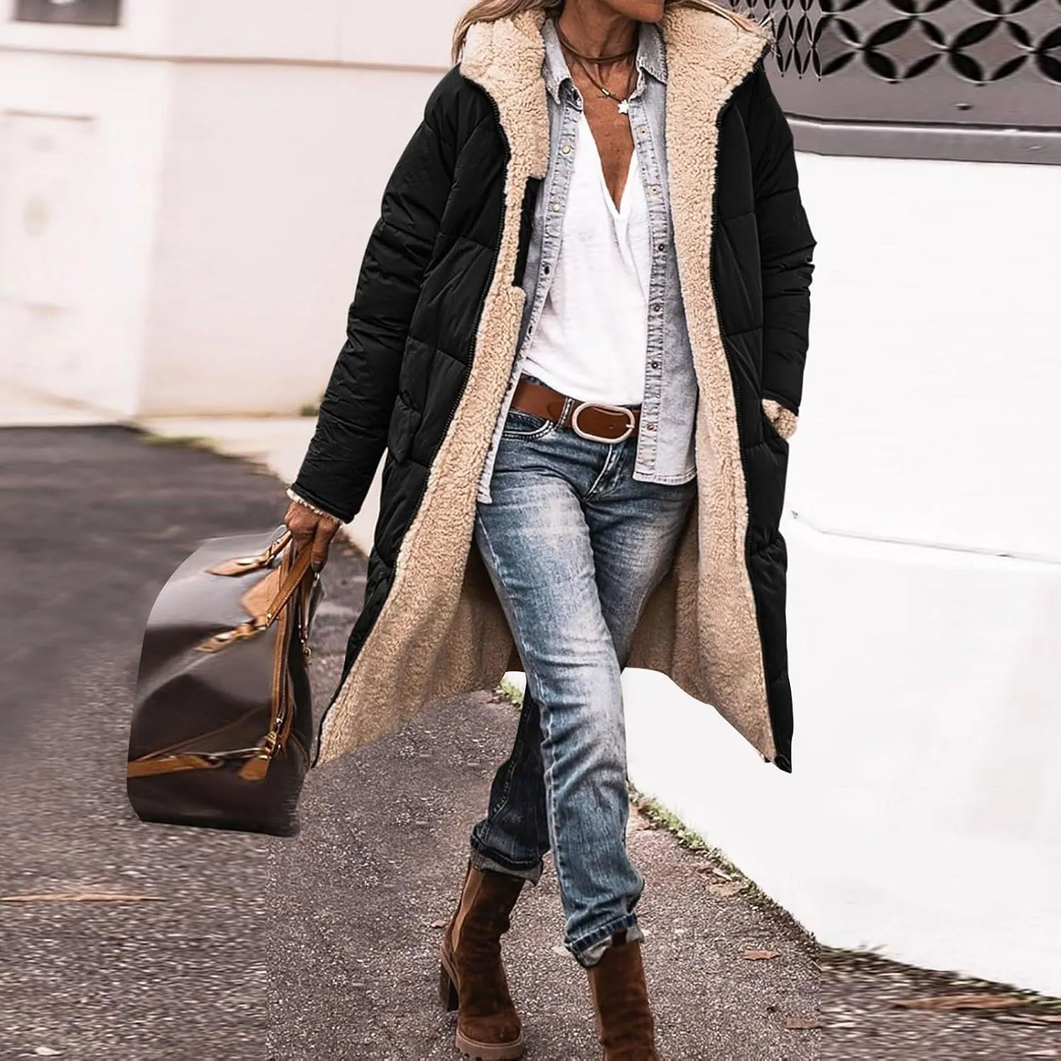 Winter Coats for Women Warm Faux Fur Lined Thicken Jacket Quilted Long Puffer Coat Hood Down Outerwear with Pockets