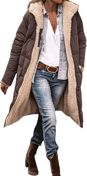Winter Coats for Women Warm Faux Fur Lined Thicken Jacket Quilted Long Puffer Coat Hood Down Outerwear with Pockets