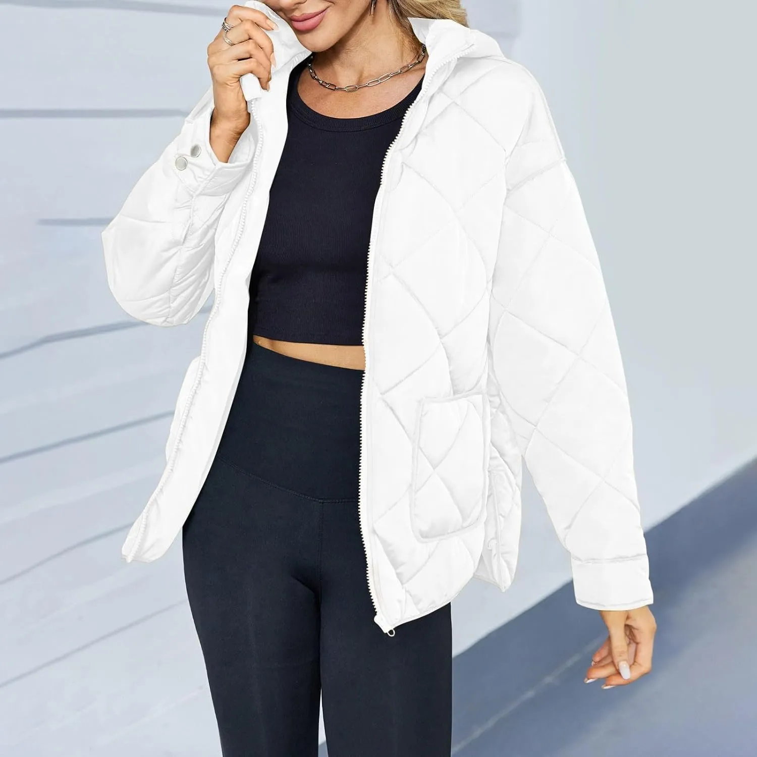 Winter Fashion Solid Hooded Zipper Jacket for Womens Warm Lightweight Slim Coat with Pockets Outdoor Commuting Outwear