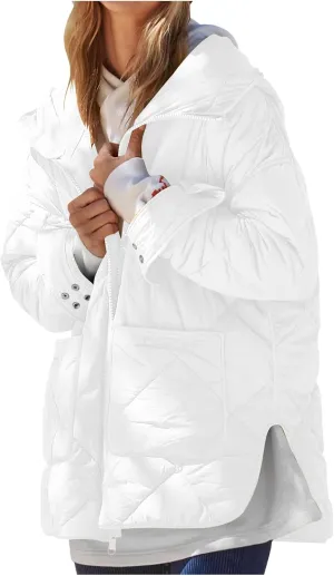 Winter Fashion Solid Hooded Zipper Jacket for Womens Warm Lightweight Slim Coat with Pockets Outdoor Commuting Outwear