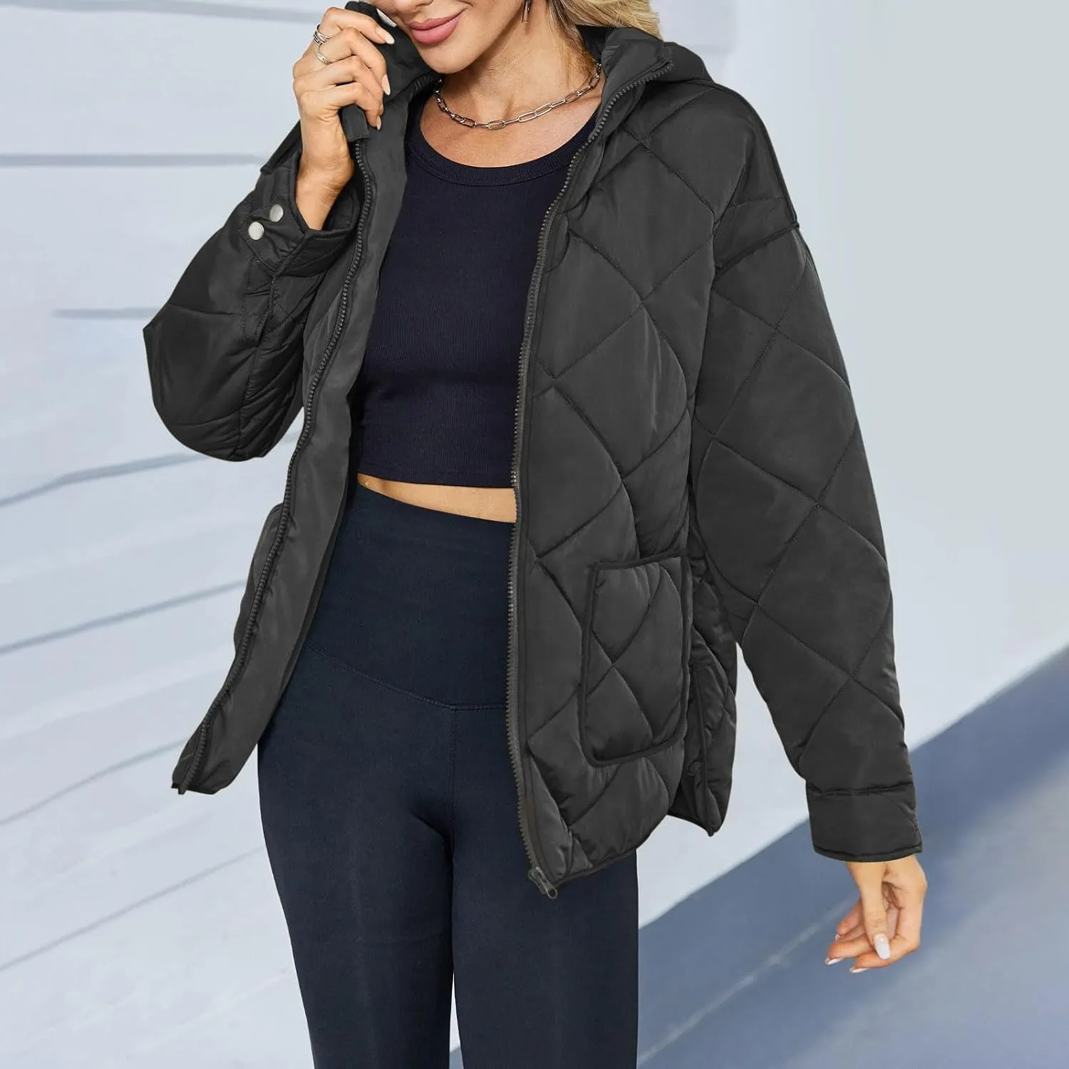 Winter Fashion Solid Hooded Zipper Jacket for Womens Warm Lightweight Slim Coat with Pockets Outdoor Commuting Outwear