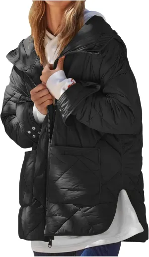 Winter Fashion Solid Hooded Zipper Jacket for Womens Warm Lightweight Slim Coat with Pockets Outdoor Commuting Outwear