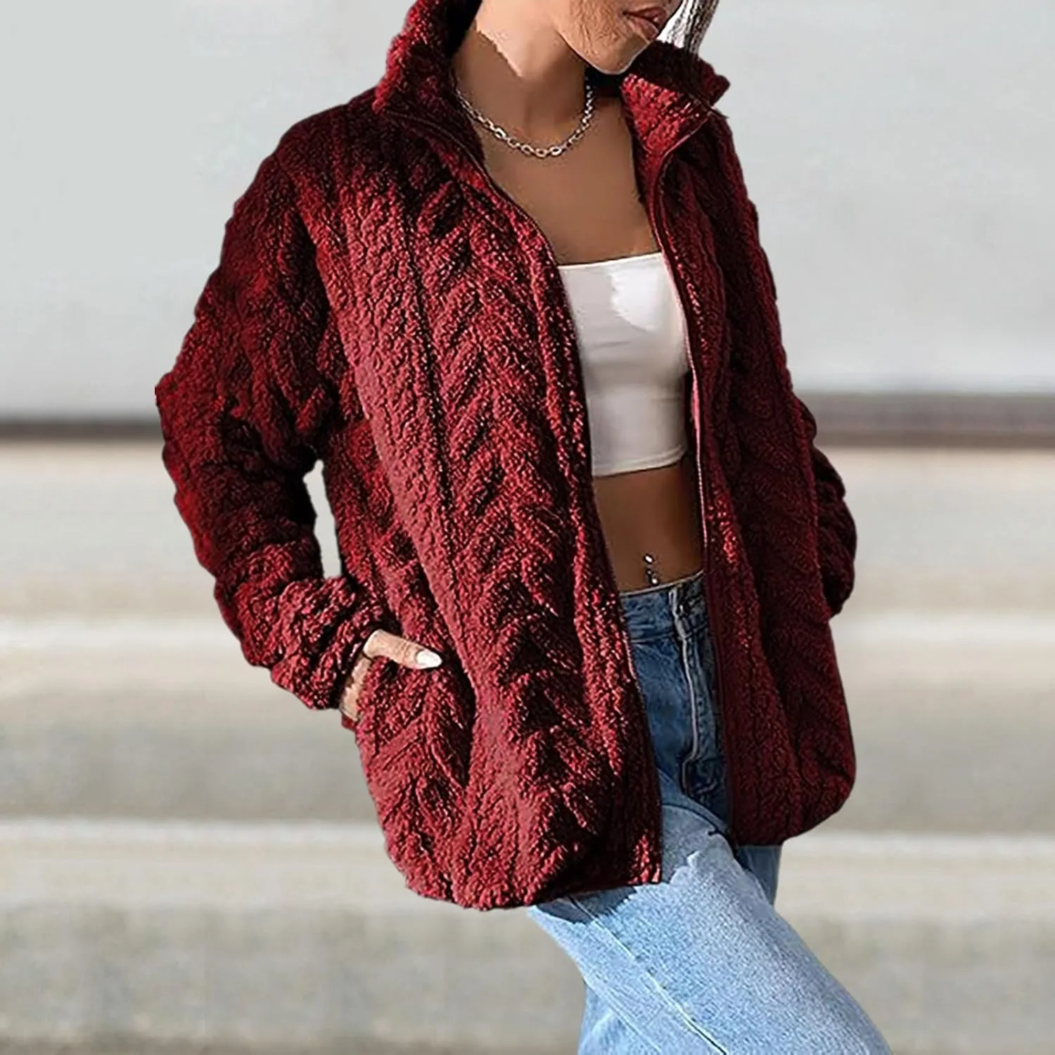 Winter Fleece Jacket for Women Zipper Up Zip Up Stand Collar With Pockets Coats Womens Nylon Vest