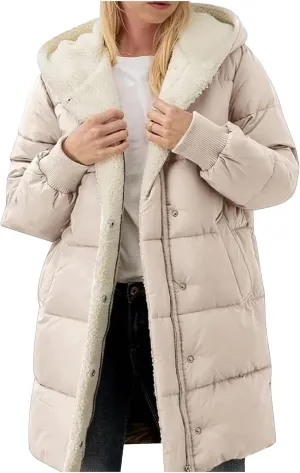 Winter Warm Thicken Temperament Fleece Coat for Womens Outdoor Commuting Slim Overcoat Zipper Hooded Long Sleeve Jacket