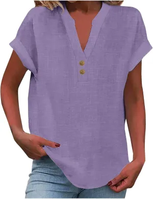 Women Button Shirts Linen Rolled Cuffed Short Sleeve V Neck 2024 Summer Shirts Casual Loose Solid Blouse Tops