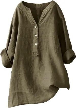 Women Button Shirts Linen Rolled Cuffed Short Sleeve V Neck 2024 Summer Shirts Casual Loose Solid Blouse Tops