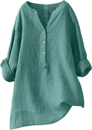 Women Button Shirts Linen Rolled Cuffed Short Sleeve V Neck 2024 Summer Shirts Casual Loose Solid Blouse Tops