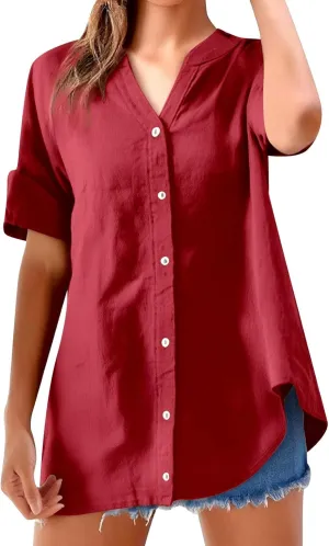 Women Buttons Shirt Cotton Linen Cuffed Sleeve V-Neck Oversized Shirts Casual Loose Solid Blouse Tunic Tops