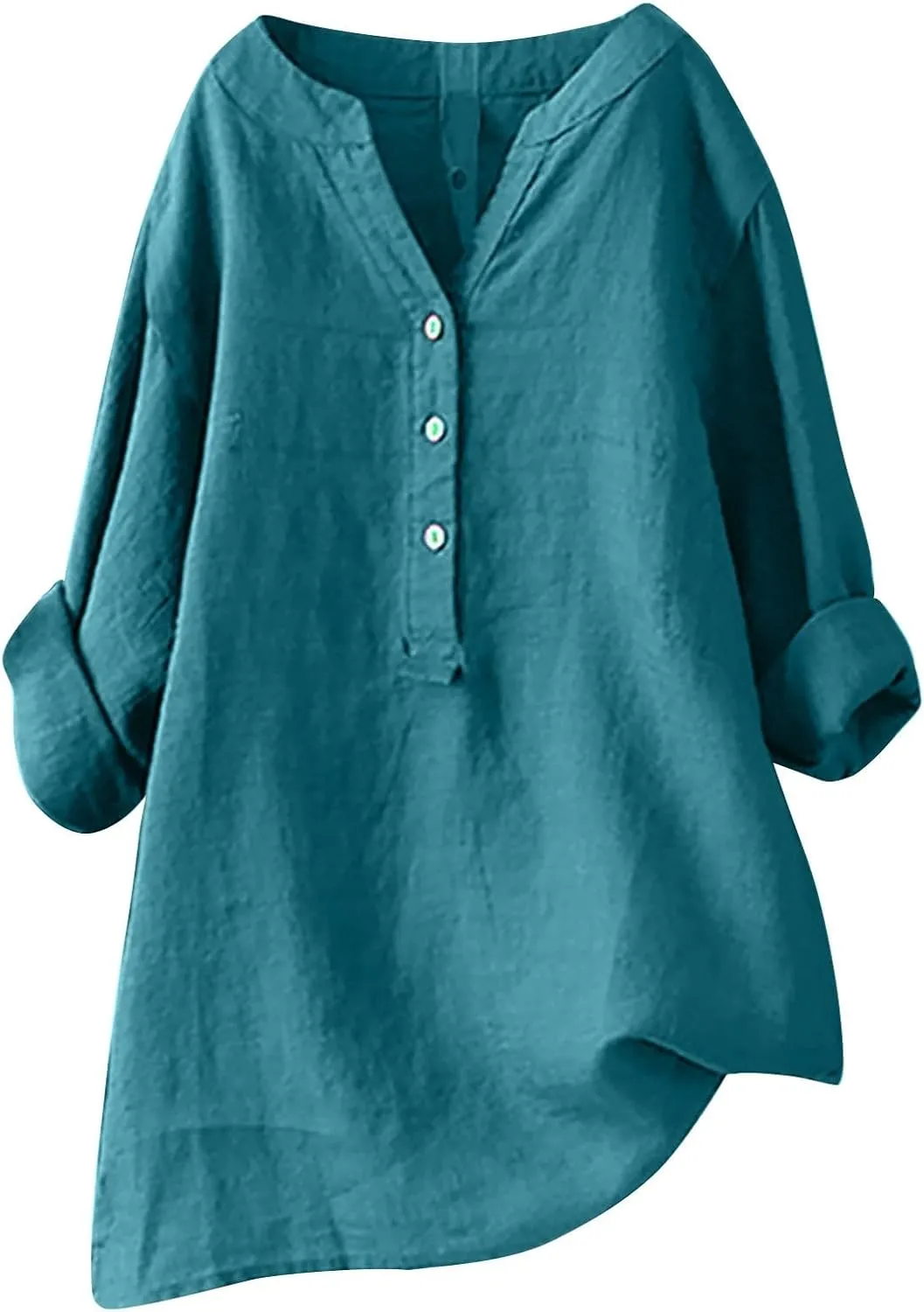 Women Buttons Shirt Cotton Linen Cuffed Sleeve V-Neck Oversized Shirts Casual Loose Solid Blouse Tunic Tops