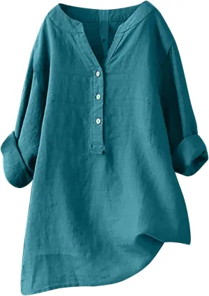 Women Buttons Shirt Cotton Linen Cuffed Sleeve V-Neck Oversized Shirts Casual Loose Solid Blouse Tunic Tops