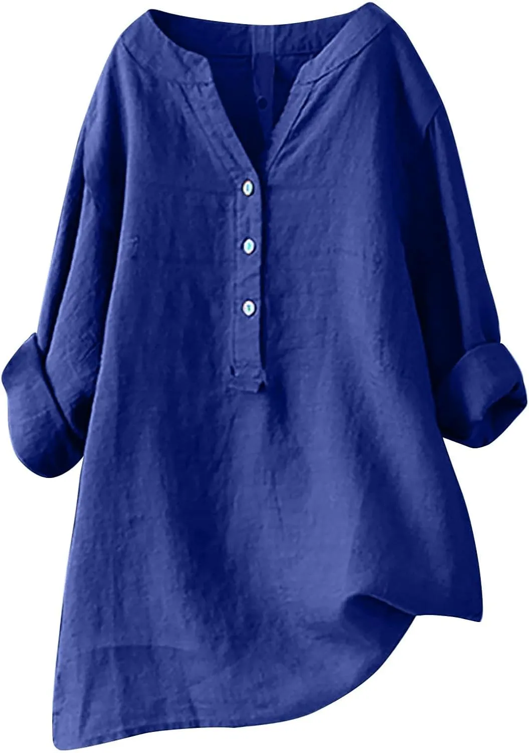 Women Buttons Shirt Cotton Linen Cuffed Sleeve V-Neck Oversized Shirts Casual Loose Solid Blouse Tunic Tops