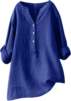 Women Buttons Shirt Cotton Linen Cuffed Sleeve V-Neck Oversized Shirts Casual Loose Solid Blouse Tunic Tops