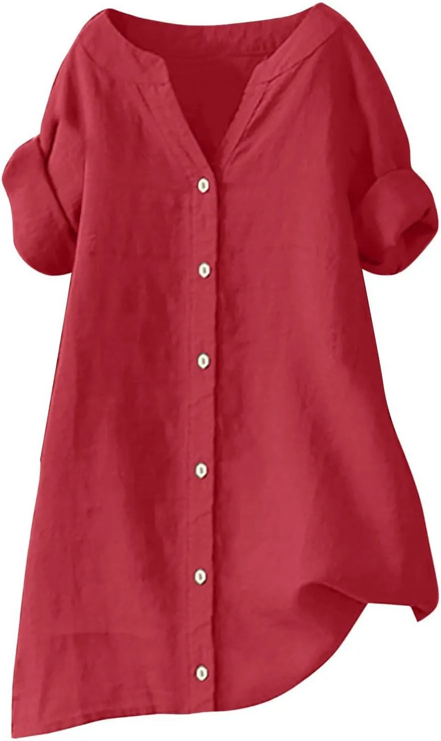 Women Buttons Shirt Cotton Linen Cuffed Sleeve V-Neck Oversized Shirts Casual Loose Solid Blouse Tunic Tops